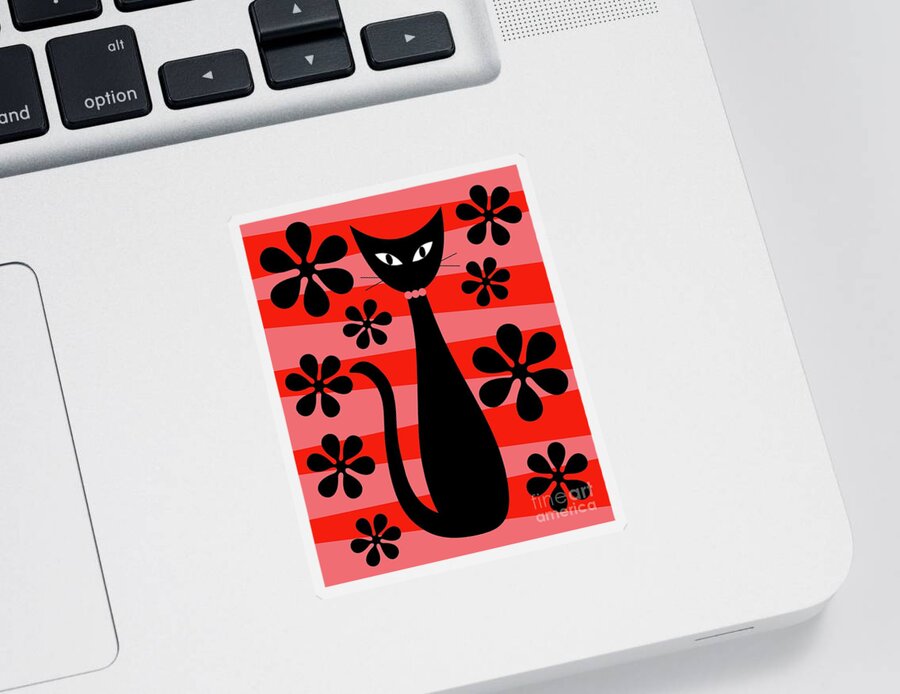 Donna Mibus Sticker featuring the digital art Groovy Flowers with Cat Red and Light Red by Donna Mibus