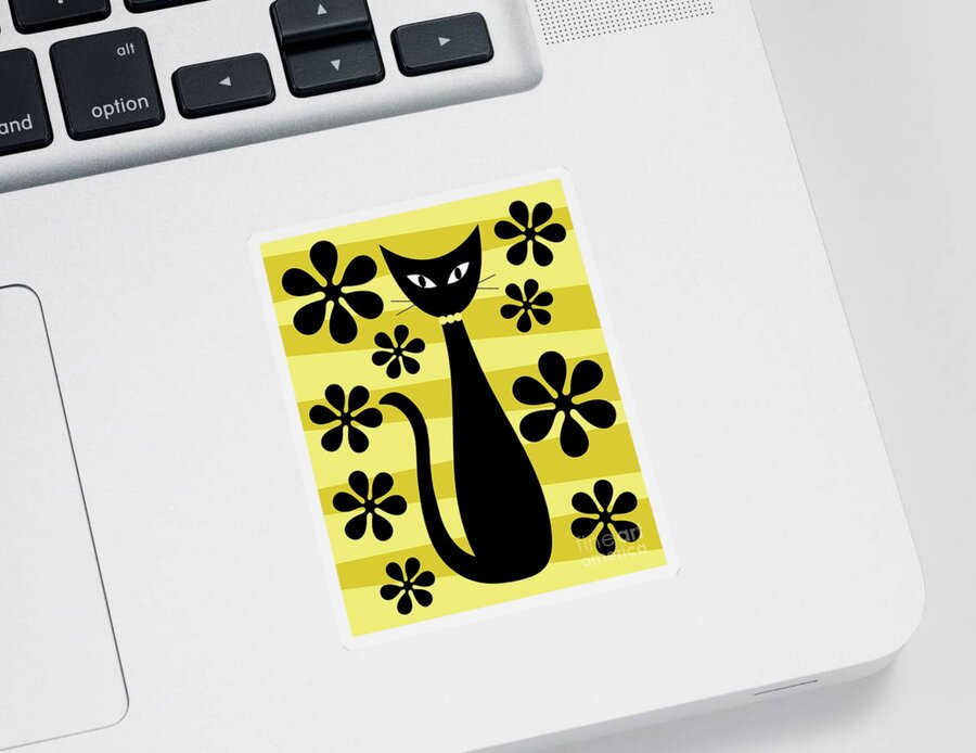 Donna Mibus Sticker featuring the digital art Groovy Flowers with Cat Yellow and Light Yellow by Donna Mibus