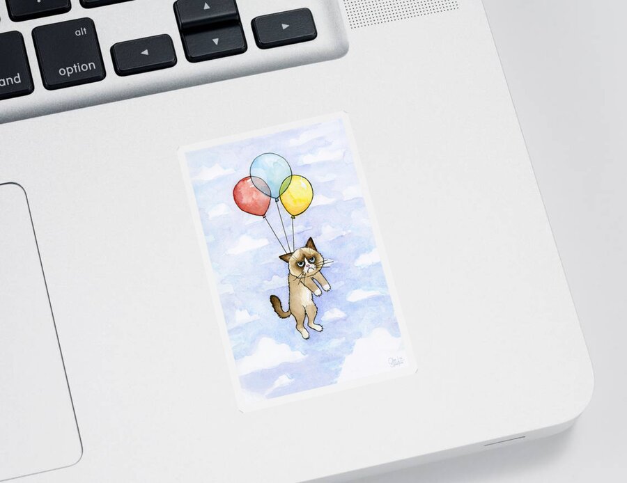 Grumpy Sticker featuring the painting Grumpy Cat and Balloons by Olga Shvartsur