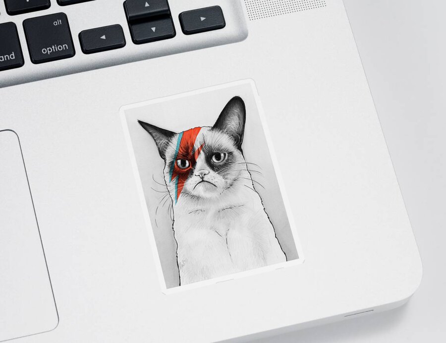 Grumpy Cat Sticker featuring the drawing Grumpy Cat as David Bowie by Olga Shvartsur