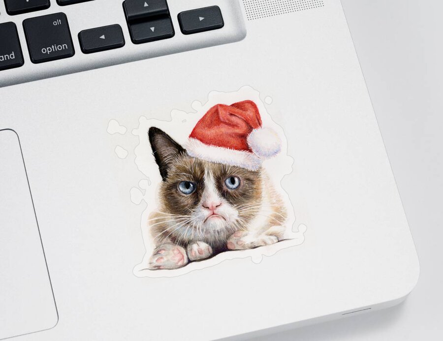 Grumpy Sticker featuring the painting Grumpy Cat as Santa by Olga Shvartsur