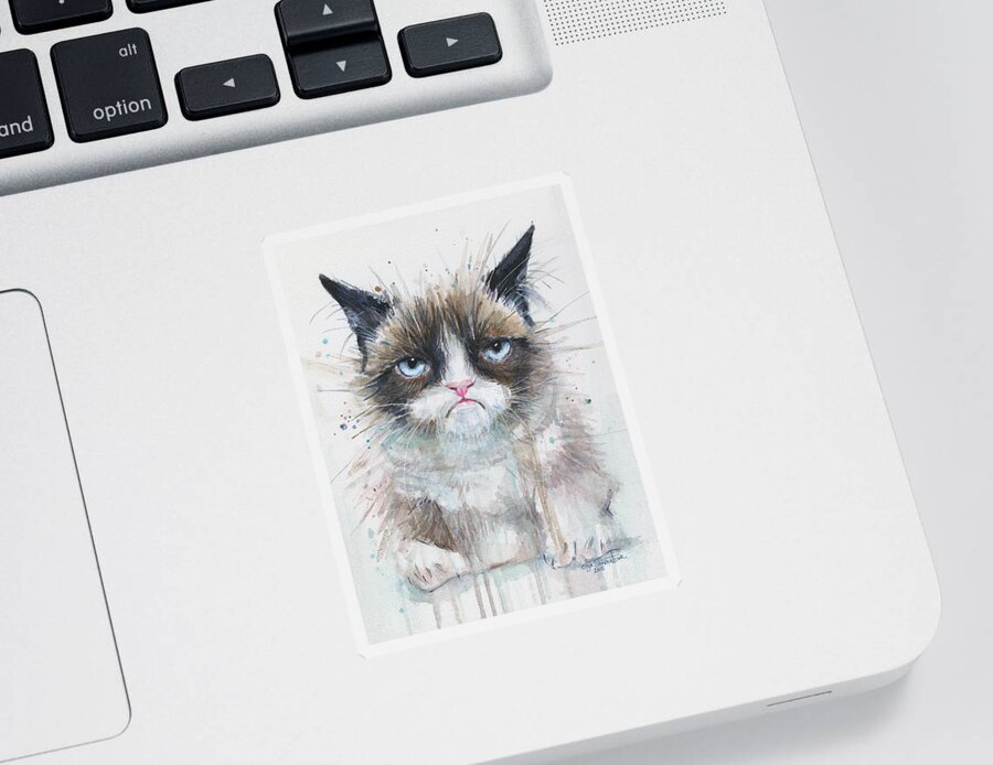 Watercolor Sticker featuring the painting Grumpy Cat Watercolor Painting by Olga Shvartsur