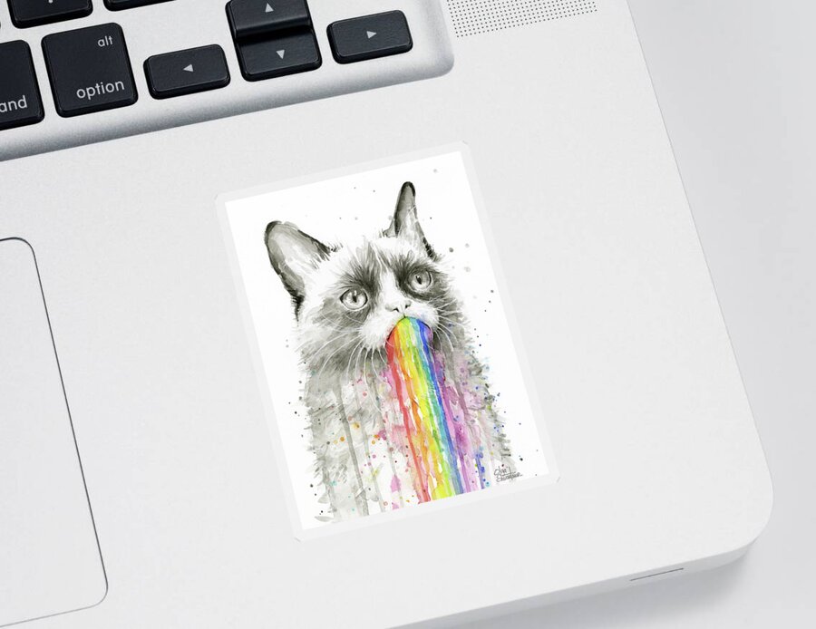 Grumpy Sticker featuring the painting Grumpy Rainbow Cat by Olga Shvartsur
