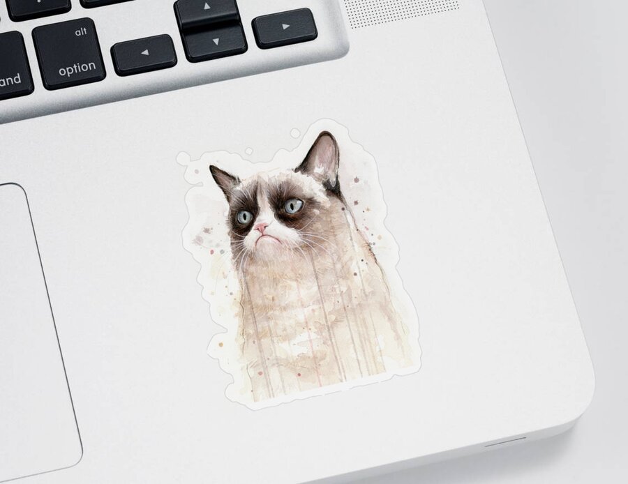 Grumpy Sticker featuring the painting Grumpy Watercolor Cat by Olga Shvartsur