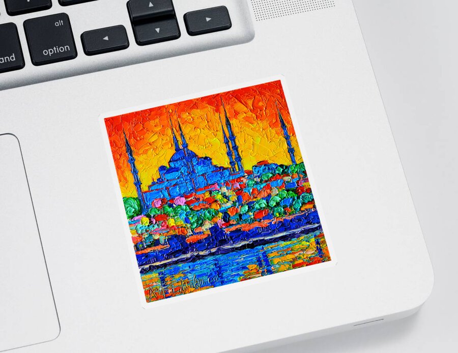 Istanbul Sticker featuring the painting Hagia Sophia At Sunset Istanbul Abstract Cityscape Palette Knife Oil Painting By Ana Maria Edulescu by Ana Maria Edulescu