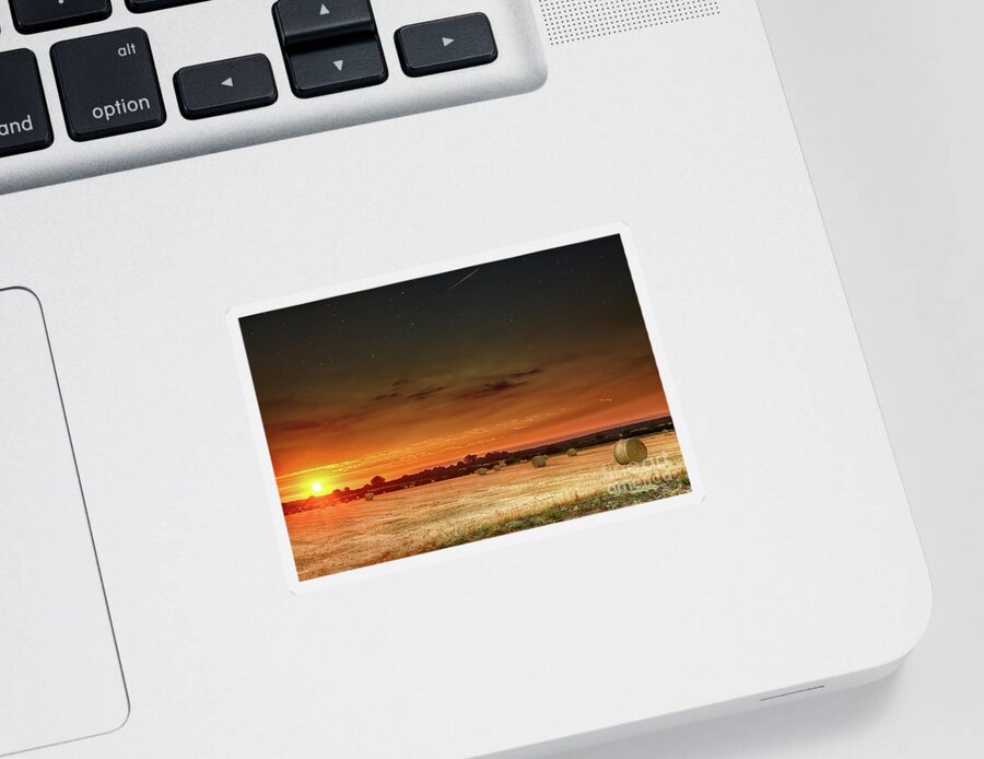 Sunset Sticker featuring the photograph Hay bales at sunset and stars by Simon Bratt