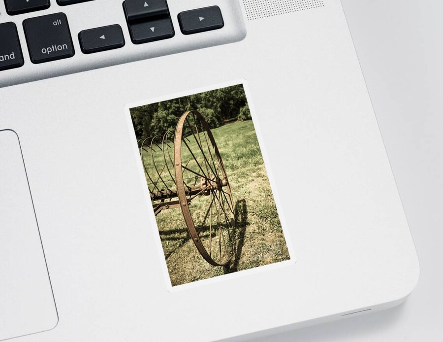 Vintage Sticker featuring the photograph Hay Rake Wheel Aged by Jennifer White