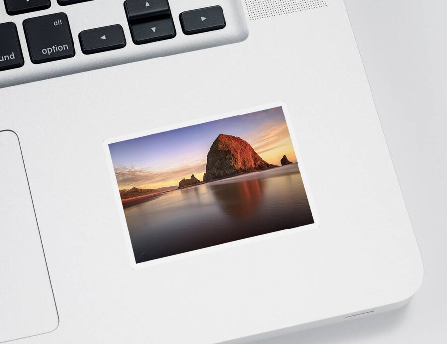 3scape Sticker featuring the photograph Haystack Rock Sunset by Adam Romanowicz