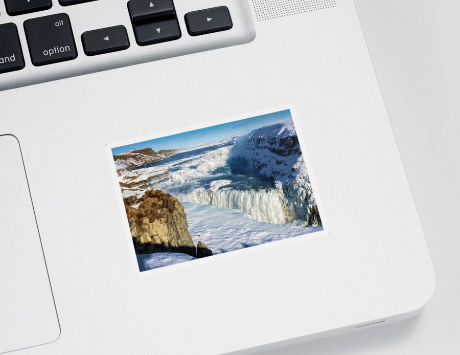 Gullfoss Sticker featuring the photograph Iceland Gullfoss Waterfall in winter with snow by Matthias Hauser