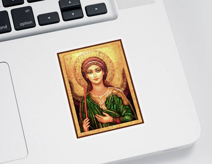 Christian Icons Print Sticker featuring the mixed media Icon Angel in Green by Ananda Vdovic
