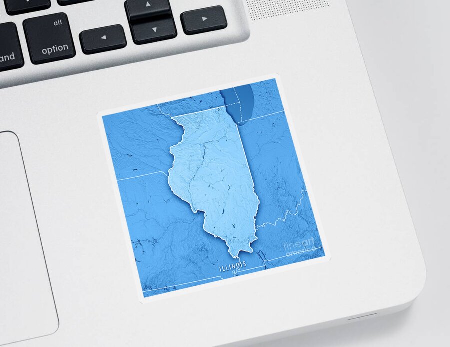 Illinois Sticker featuring the digital art Illinois State USA 3D Render Topographic Map Blue Border by Frank Ramspott