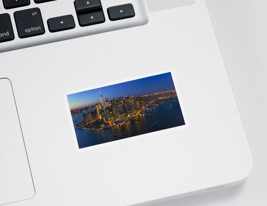 Aerial View Sticker featuring the photograph Illuminated Lower Manhattan NYC by Susan Candelario