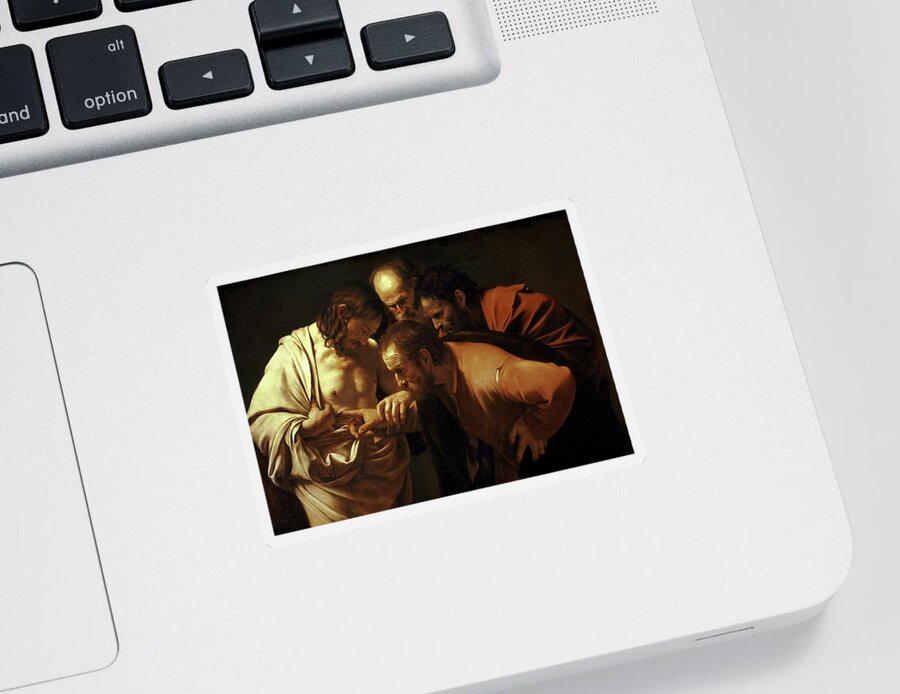 Incredulity Of Saint Thomas Sticker featuring the painting Incredulity of Saint Thomas by Michelangelo Caravaggio