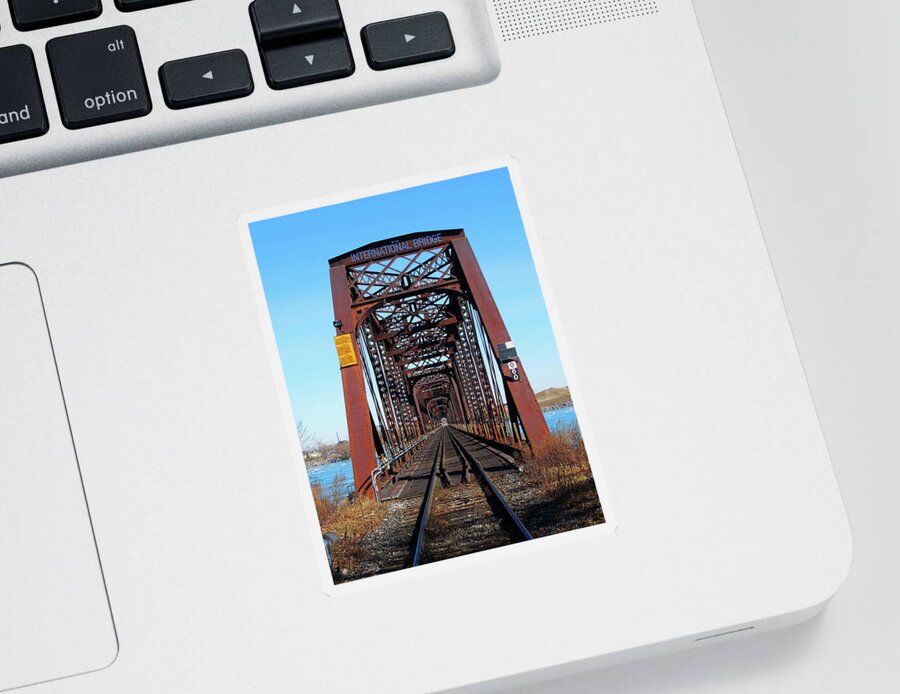 International Bridge Sticker featuring the photograph International Bridge - Railway Bridge to United States by Leslie Montgomery