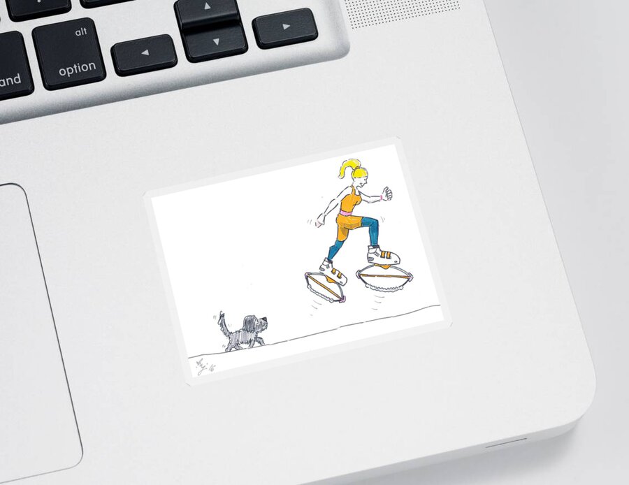 Kangoo Sticker featuring the drawing Kangoo Jumps Bouncy Shoes Walking the Dog Keep Fit cartoon by Mike Jory