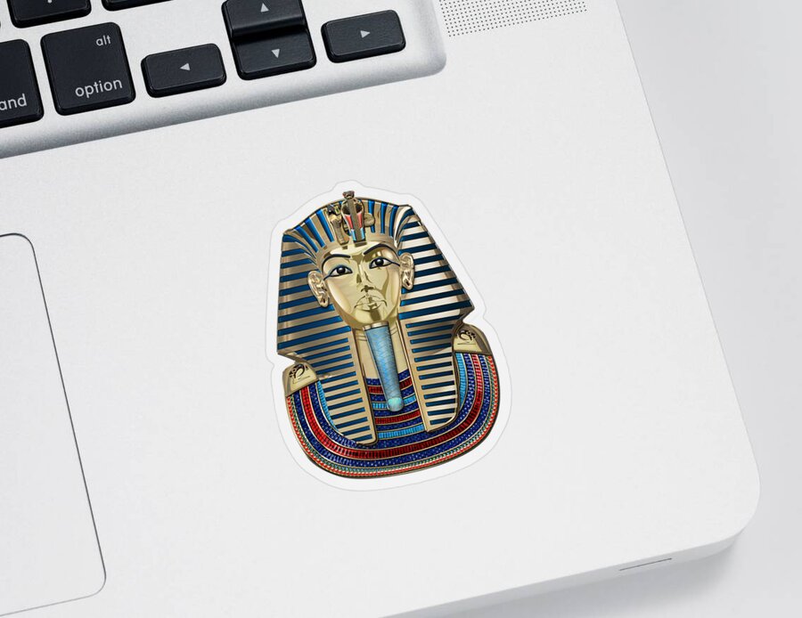 ‘treasures Of Egypt’ Collection By Serge Averbukh Sticker featuring the digital art King Tut -Tutankhamun's Gold Death Mask over White Leather by Serge Averbukh