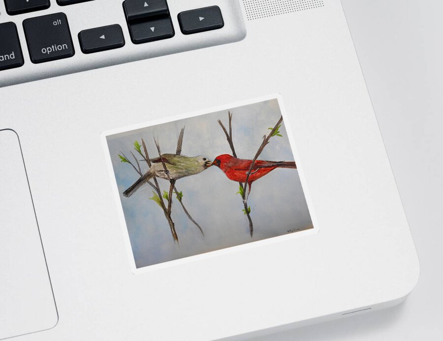 Northern Cardinals Sticker featuring the painting Kissing Cardinals by Betty-Anne McDonald