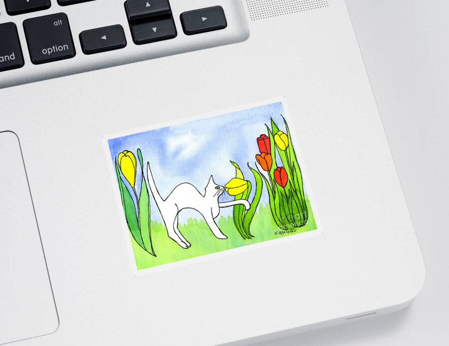 Cat Sticker featuring the painting Kitty Sniffing Tulips by Norma Appleton