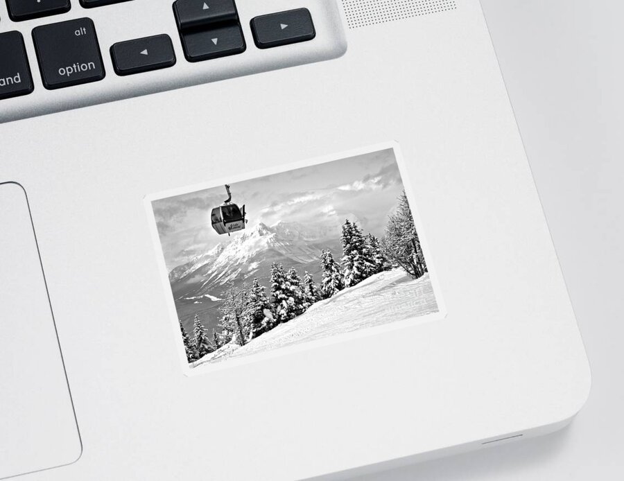 Lake Louise Sticker featuring the photograph Lake Louise Gondola Over The Snow Ghosts Black And White by Adam Jewell