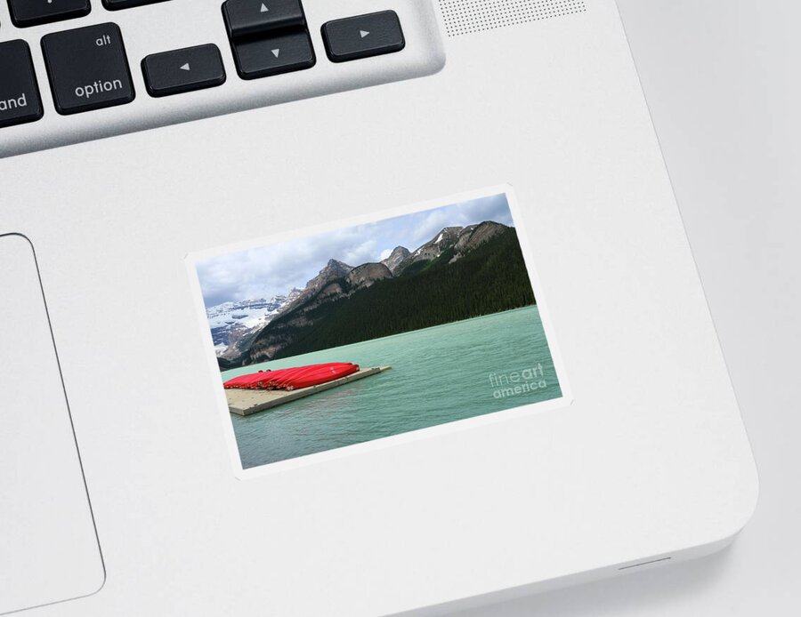 Mountain Sticker featuring the photograph Lake Louise Red Canoes by Christiane Schulze Art And Photography