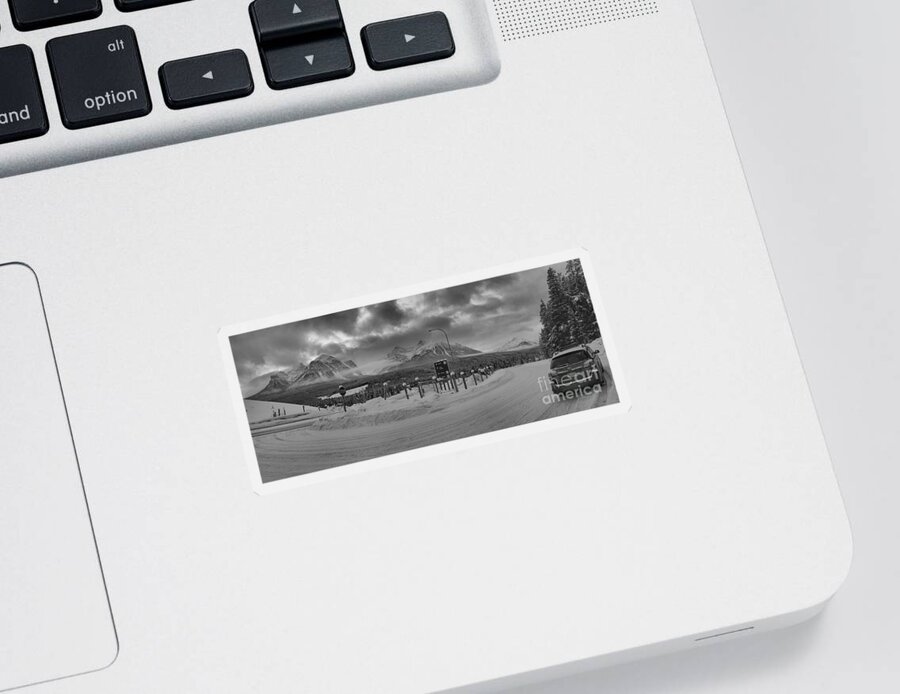 Black And White Sticker featuring the photograph Lake Louise Subaru Outback by Adam Jewell