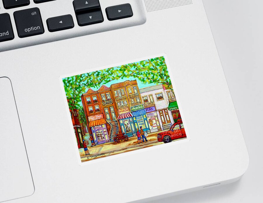Montreal Sticker featuring the painting Laurier Street Circa 1960 Montreal Memories Vintage Store Fronts Apartments Family Life Canadian Art by Carole Spandau