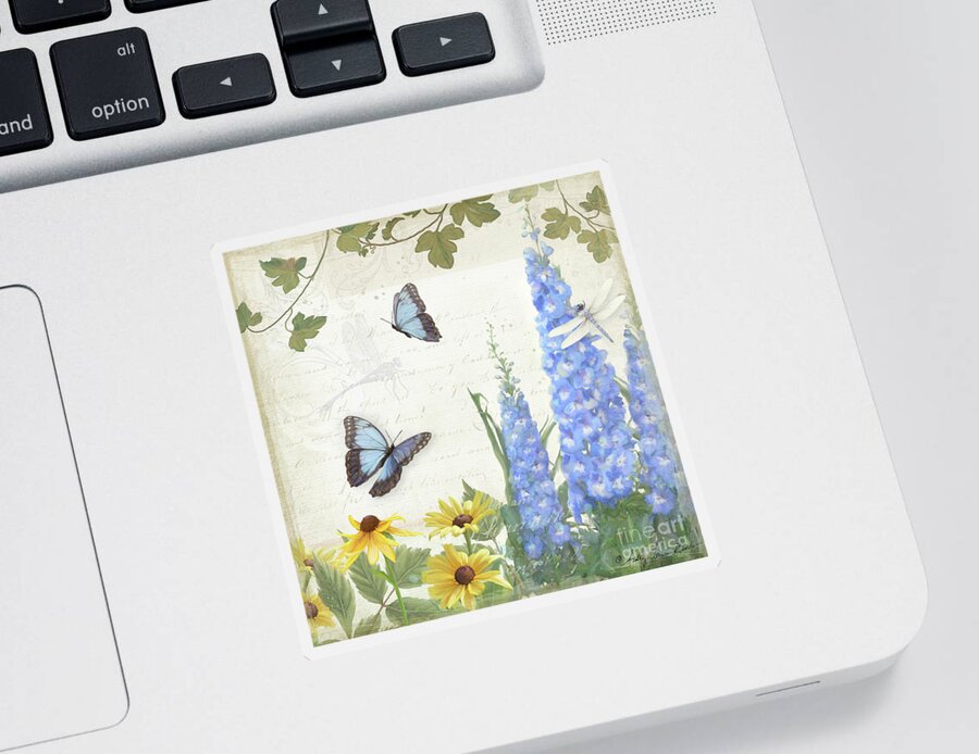 Le Petit Jardin Sticker featuring the painting Le Petit Jardin 1 - Garden Floral w Butterflies, Dragonflies, Daisies and Delphinium by Audrey Jeanne Roberts