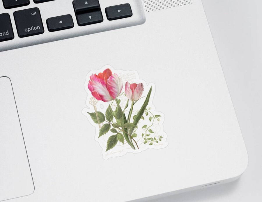 Parrot Tulip Sticker featuring the painting Les Magnifiques Fleurs I - Magnificent Garden Flowers Parrot Tulips n Indigo Bunting Songbird by Audrey Jeanne Roberts