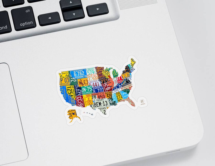 Art Sticker featuring the mixed media License Plate Map of The United States by Design Turnpike