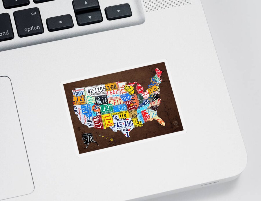 License Plate Sticker featuring the mixed media License Plate Map of the USA on Brown Wood by Design Turnpike