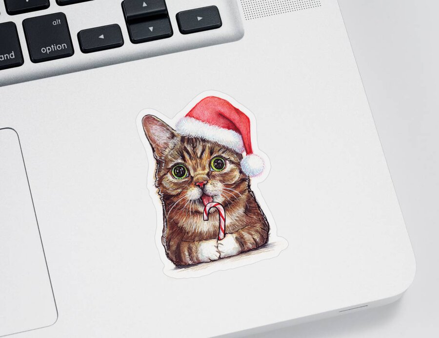 Lil Bub Sticker featuring the painting Cat Santa Christmas Animal by Olga Shvartsur