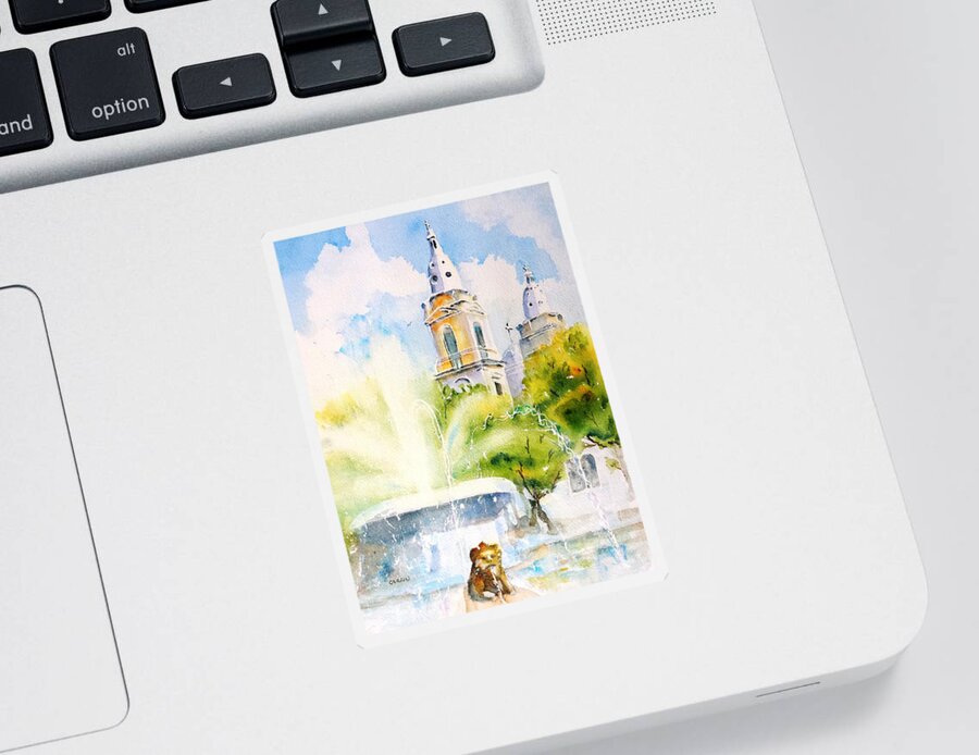 Plaza Las Delicias Sticker featuring the painting Lions Fountain Plaza Las Delicias Ponce Cathedral Puerto Rico by Carlin Blahnik CarlinArtWatercolor