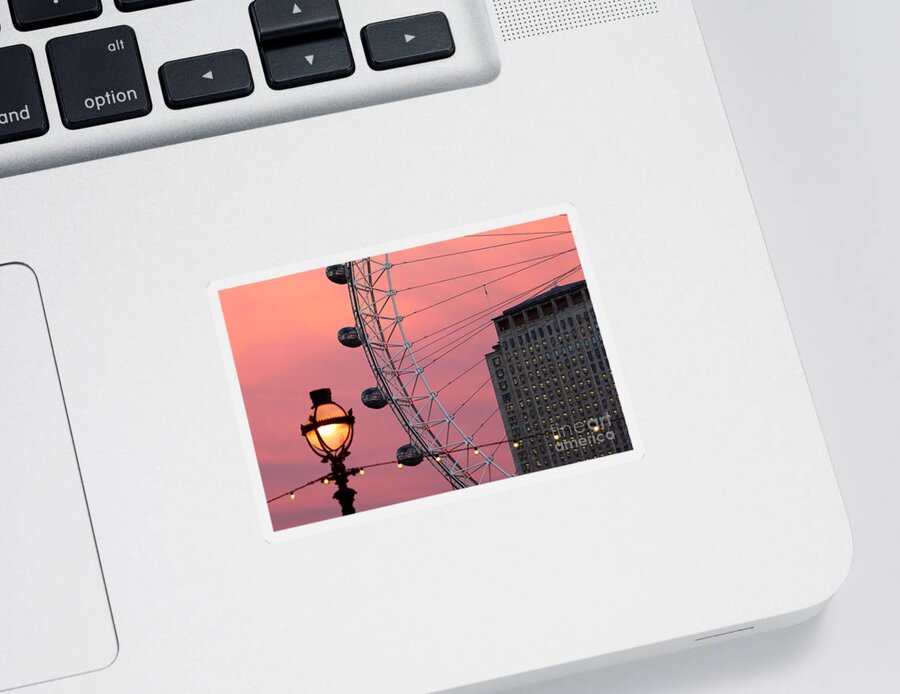 London Eye Sticker featuring the photograph London Eye and Shell Centre Building at Sunset by James Brunker