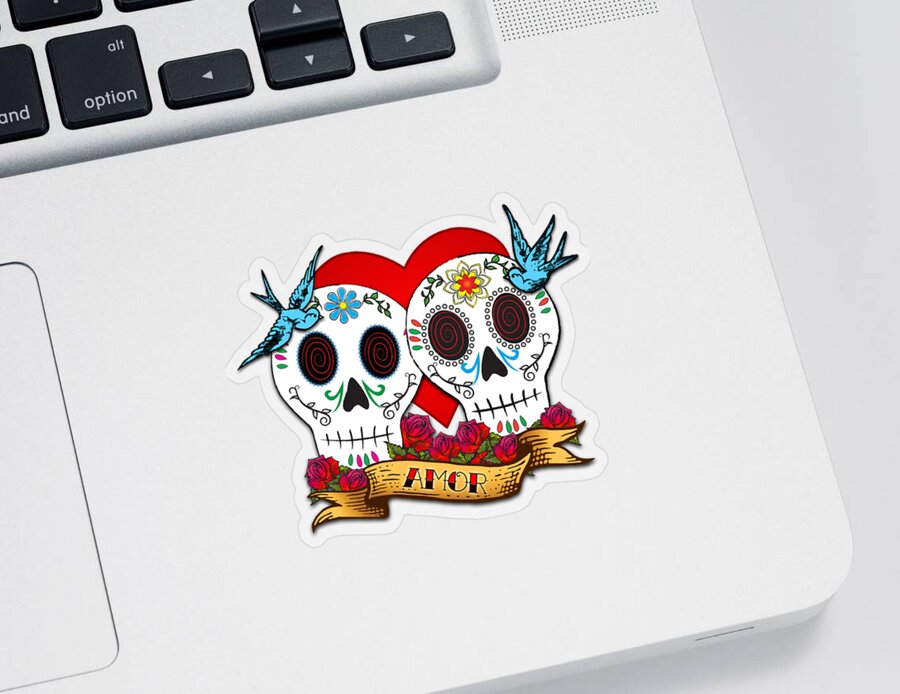 Sugar Skull Sticker featuring the digital art Love Skulls II by Tammy Wetzel