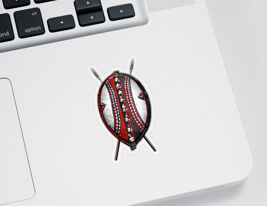 'war Shields' Collection By Serge Averbukh Sticker featuring the digital art Maasai War Shield with Spears on Red Velvet by Serge Averbukh