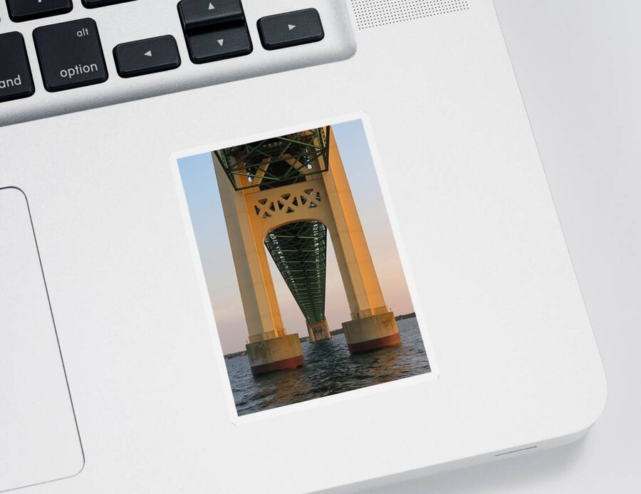 Mackinac Bridge Sticker featuring the photograph Mackinac Bridge Tower at Sunset by Keith Stokes