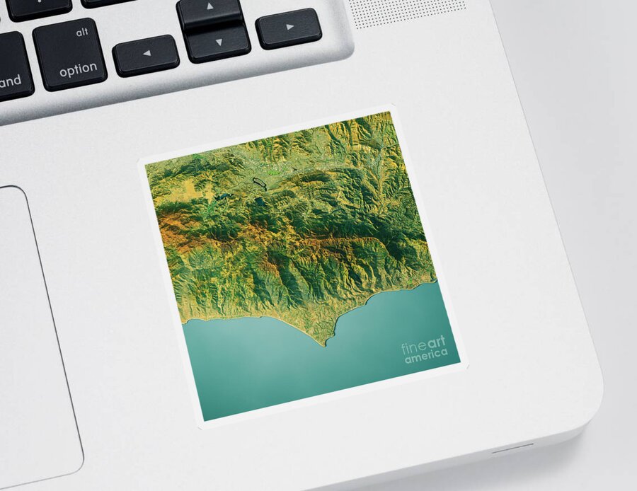 Malibu Sticker featuring the digital art Malibu Close-Up 3D Render Topographic Map Color by Frank Ramspott
