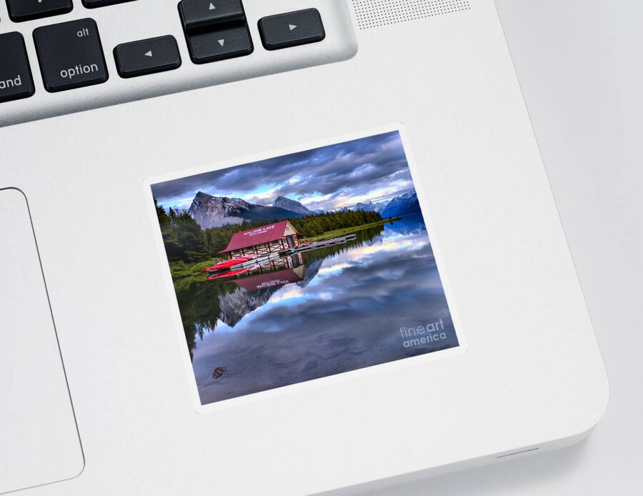 Sticker featuring the photograph Maligne Lake Boathouse In A Sea Of Clouds by Adam Jewell
