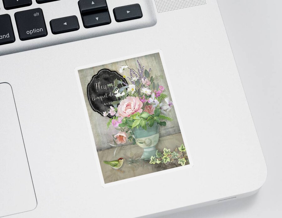 Marche Aux Fleurs Sticker featuring the painting Marche aux Fleurs 3 Peony Tulips Sweet Peas Lavender and Bird by Audrey Jeanne Roberts