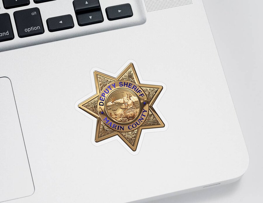 'law Enforcement Insignia & Heraldry' Collection By Serge Averbukh Sticker featuring the digital art Marin County Sheriff's Department - Deputy Sheriff's Badge over Blue Velvet by Serge Averbukh