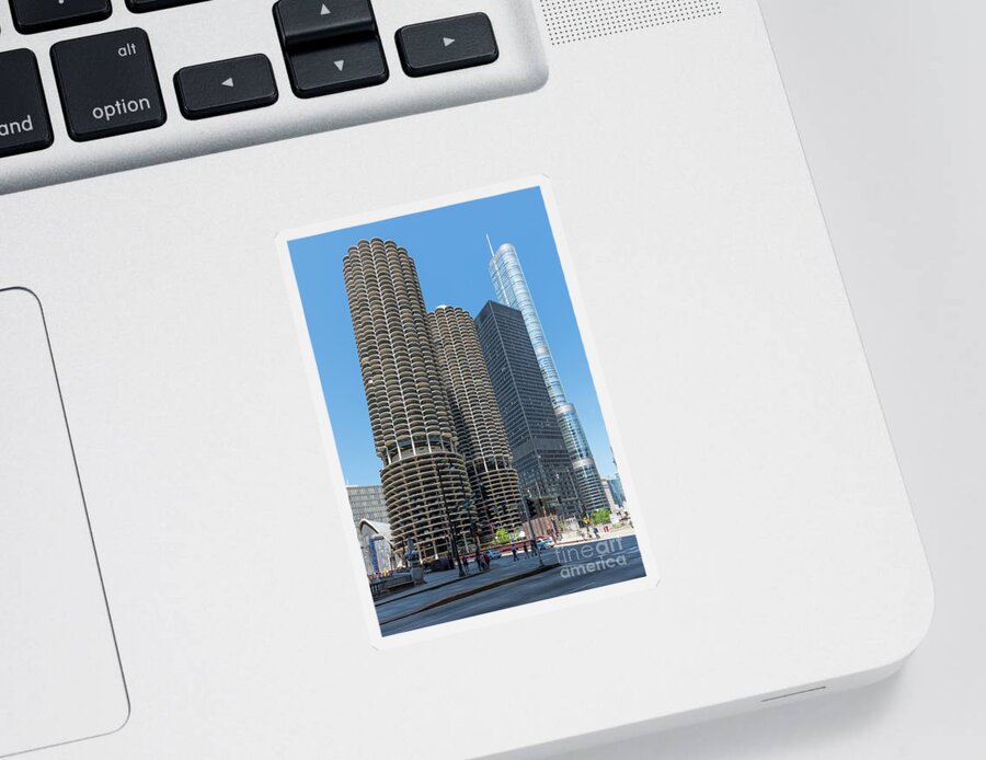 Chicago Sticker featuring the photograph Marina City, AMA Plaza, and Trump Tower by David Levin