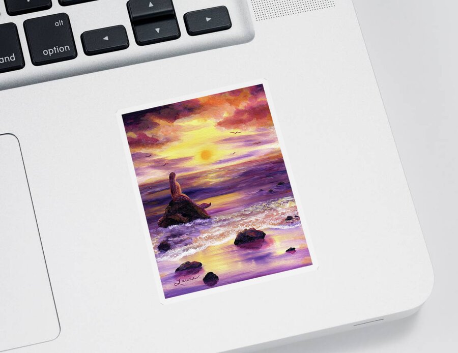 Mermaid Sticker featuring the painting Mermaid in Purple Sunset by Laura Iverson