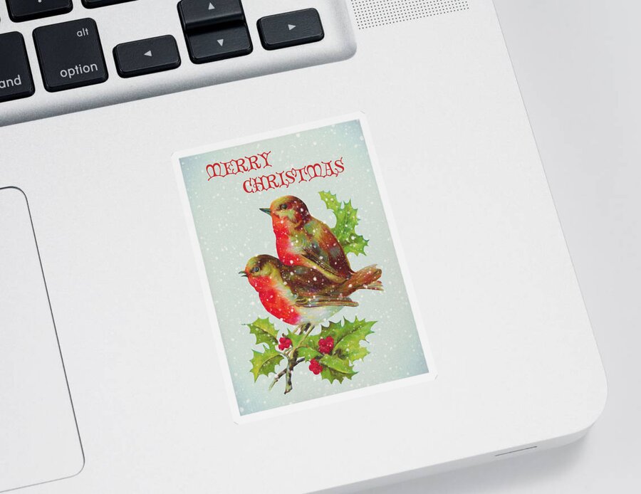 Merry Christmas Snowy Bird Couple Sticker featuring the digital art Merry Christmas Snowy Bird Couple by Sandi OReilly