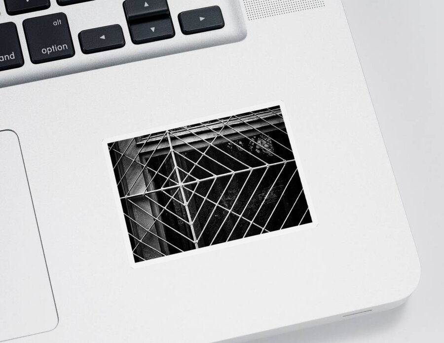 Wall Art Sticker featuring the photograph Metal Spider Web Windowframe in Monochrome by John Williams