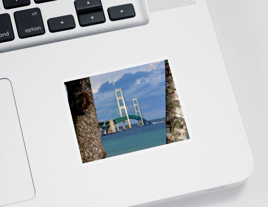 Mackinac Bridge Sticker featuring the photograph Mighty Mac Framed by Trees by Keith Stokes