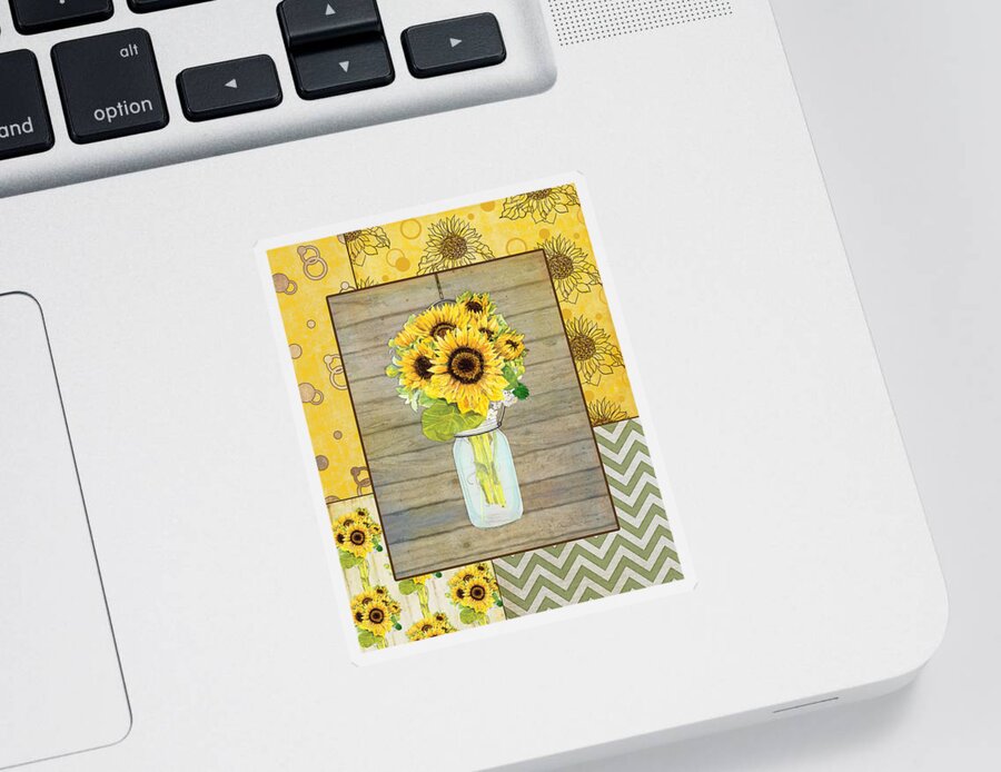 Modern Sticker featuring the painting Modern Rustic Country Sunflowers in Mason Jar by Audrey Jeanne Roberts