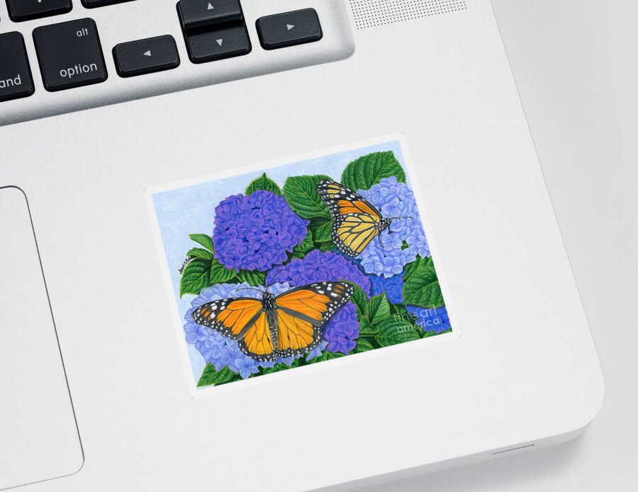 Monarch Butterflies Sticker featuring the painting Monarch Butterflies And Hydrangeas by Sarah Batalka