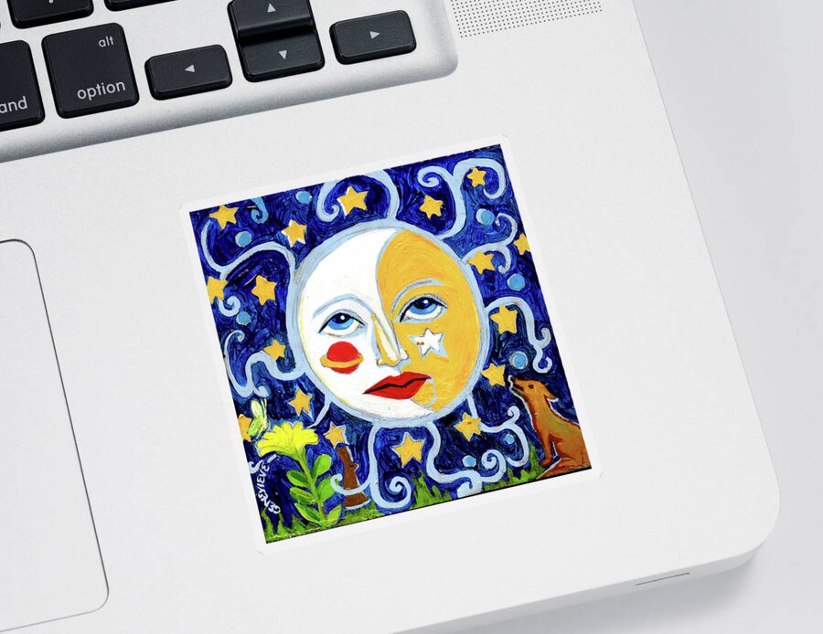 Moon Sticker featuring the painting Moonface With Wolf And Stars by Genevieve Esson