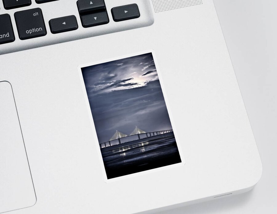 Moon Sticker featuring the photograph Moonrise Over Sunshine Skyway Bridge by Steven Sparks