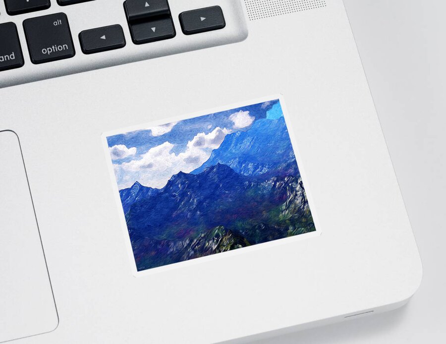 Mountains Sticker featuring the digital art Mountains Into A Blue Sky by Phil Perkins
